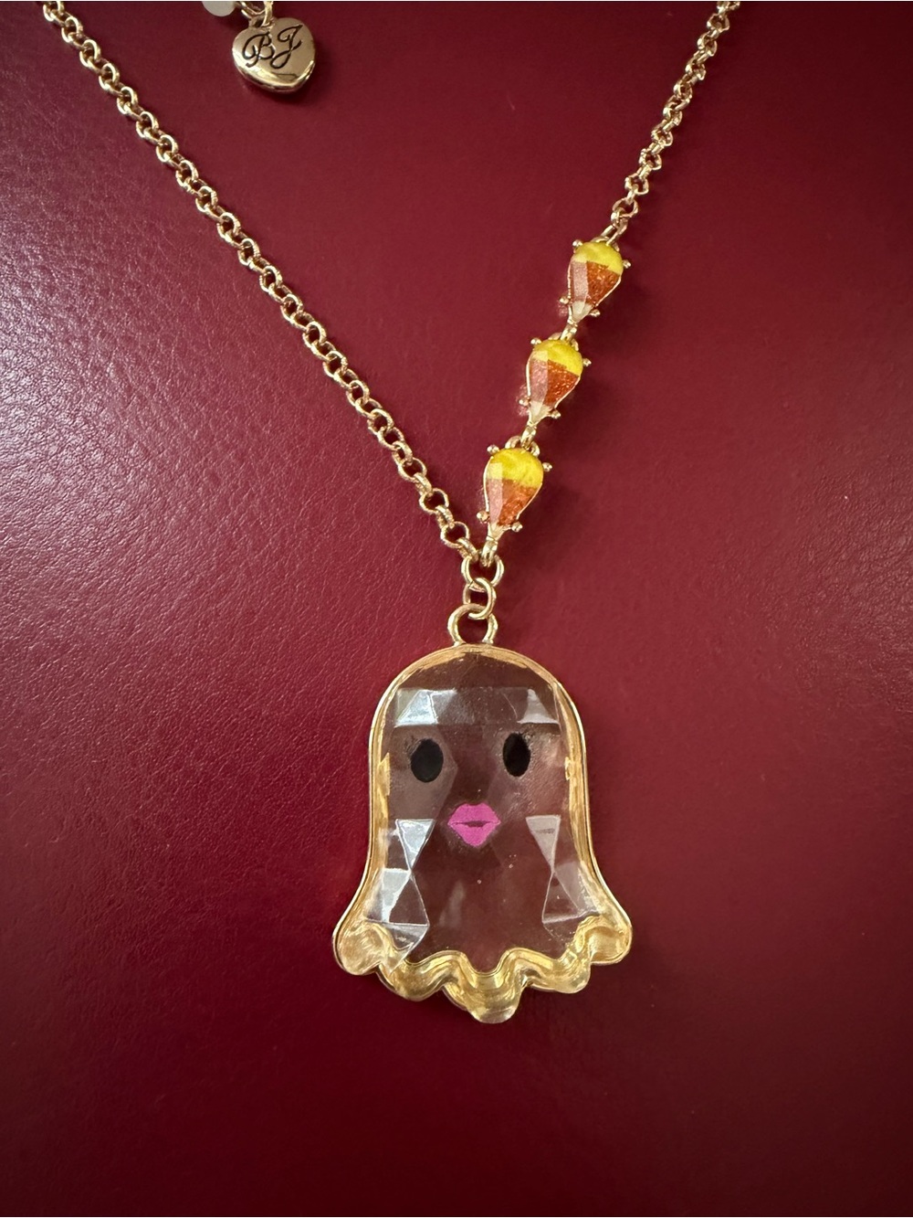 Betsey Johnson Ghost Pendant Halloween Necklace w Glitter Candy Corn